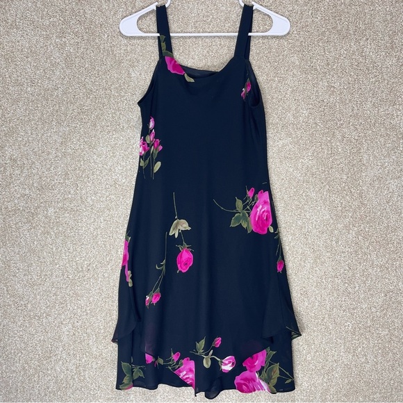 Black pink floral dress y2k style asymmetrical mesh overlay lined dark floral - Picture 2 of 10